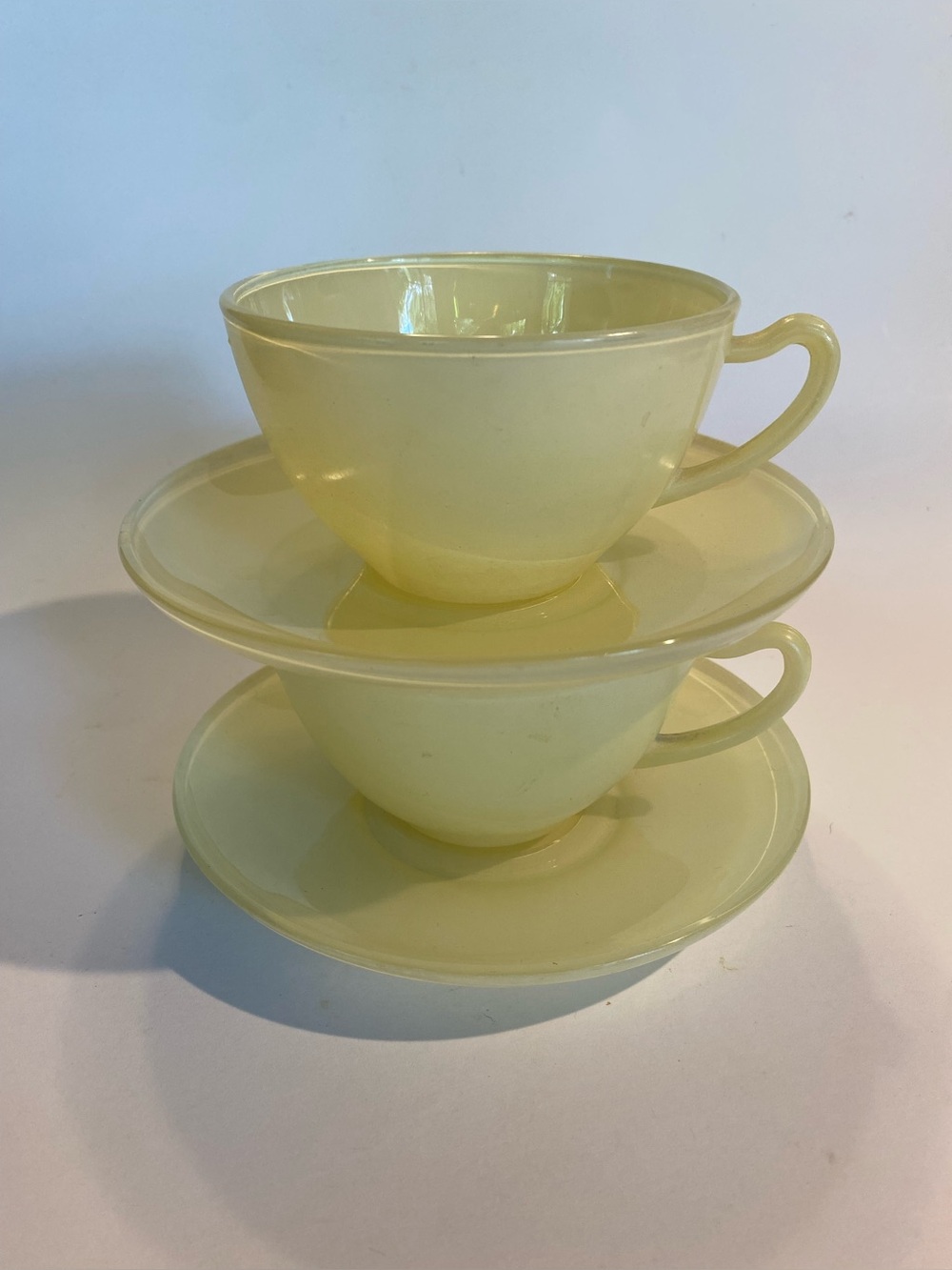 Set of 2 Vintage Light Yellow Opaque Glass Cup & Saucer Sets Non Glow Opal Glass
